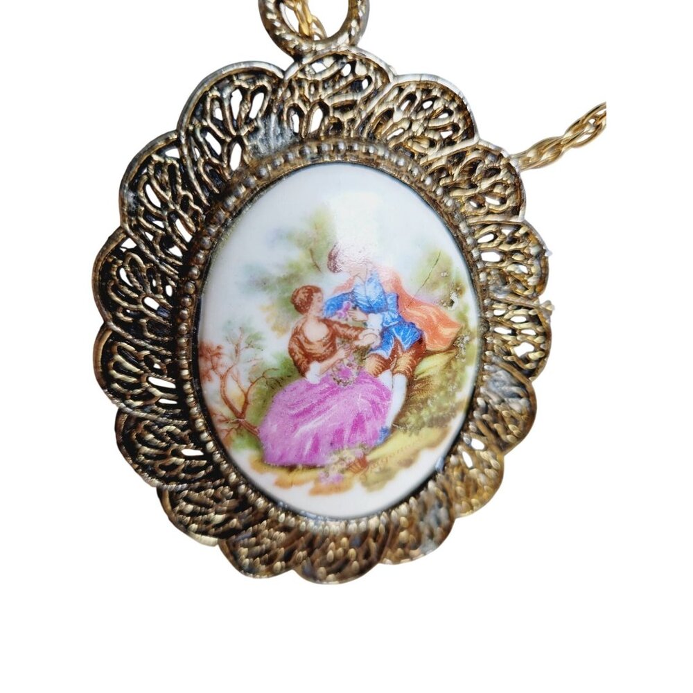 Hand-Painted Porcelain Pendant Necklace Artist Signed Courting Couple Pendant